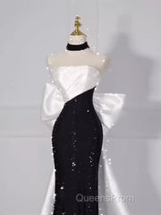 Vintage Mermaid Strapless Sequin Black Long Evening Prom Dress Formal Dress