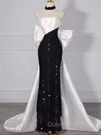 Vintage Mermaid Strapless Sequin Black Long Evening Prom Dress Formal Dress