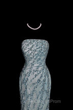 Vintage Mermaid Strapless Tulle Blue Beads Long Evening Prom Gown Fairy Evening Prom Dress