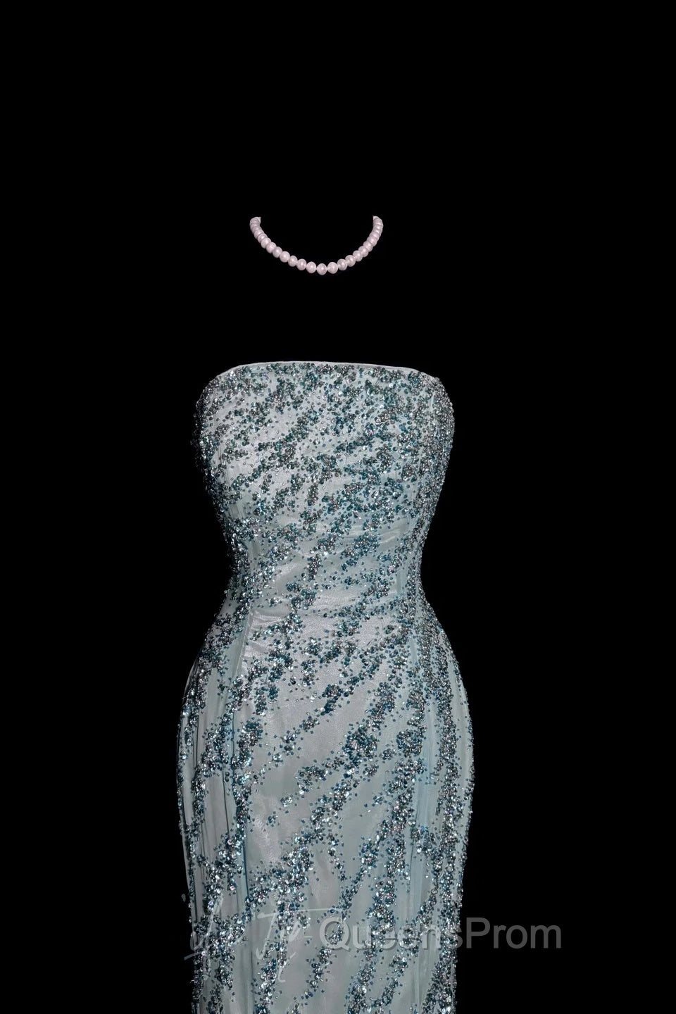 Vintage Mermaid Strapless Tulle Blue Beads Long Evening Prom Gown Fairy Evening Prom Dress