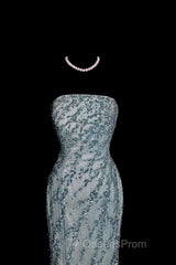 Vintage Mermaid Strapless Tulle Blue Beads Long Evening Prom Gown Fairy Evening Prom Dress