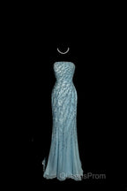 Vintage Mermaid Strapless Tulle Blue Beads Long Evening Prom Gown Fairy Evening Prom Dress