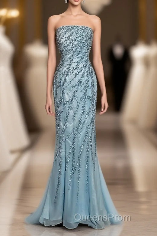 Vintage Mermaid Strapless Tulle Blue Beads Long Evening Prom Gown Fairy Evening Prom Dress