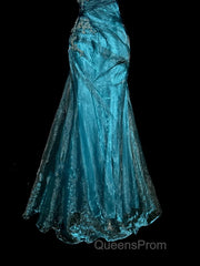 Vintage Mermaid Strapless Tulle Blue Long Evening Prom Gown Fairy Evening Prom Dress