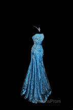 Vintage Mermaid Strapless Tulle Blue Long Evening Prom Gown Fairy Evening Prom Dress