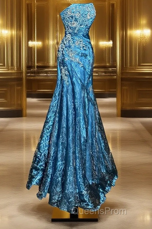 Vintage Mermaid Strapless Tulle Blue Long Evening Prom Gown Fairy Evening Prom Dress Main image