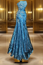 Vintage Mermaid Strapless Tulle Blue Long Evening Prom Gown Fairy Evening Prom Dress