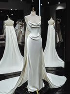 Vintage Mermaid Strapless White Satin Long Wedding Dress With Ruffles