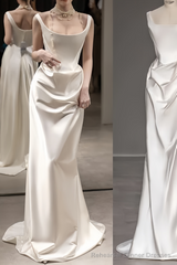 Vintage Mermaid Straps Sleeveless Satin Ivory Wedding Dresses