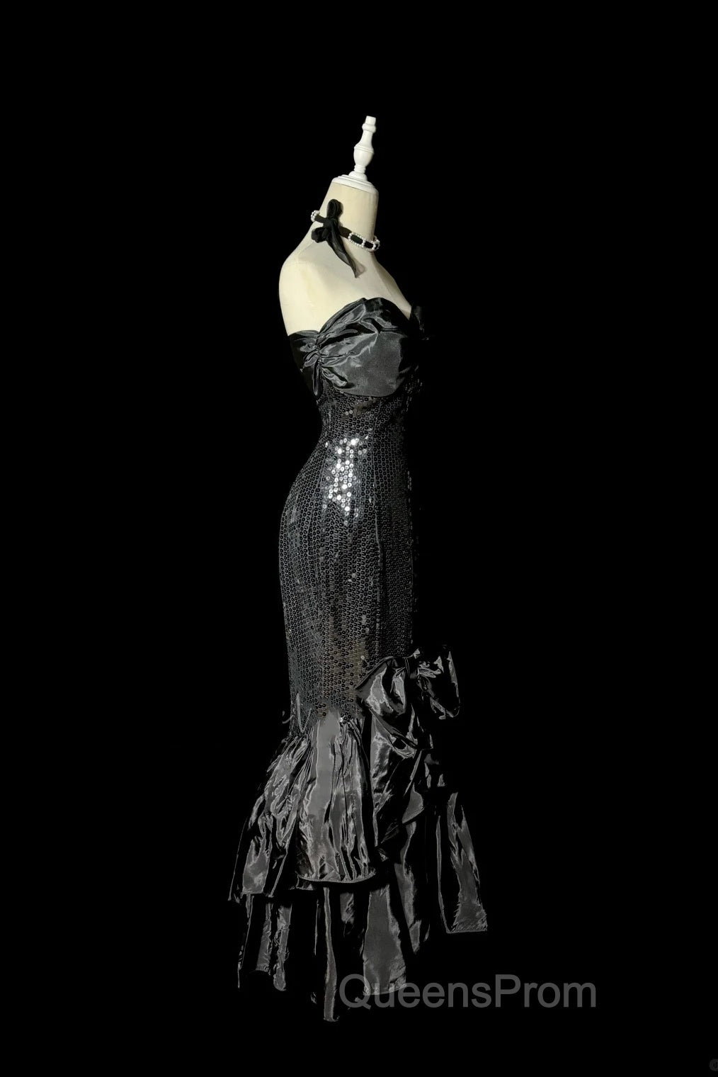 Vintage Mermaid Sweetheart Black Sequin Long Evening Prom Gown Fairy Evening Prom Dress