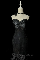 Vintage Mermaid Sweetheart Black Sequin Long Evening Prom Gown Fairy Evening Prom Dress