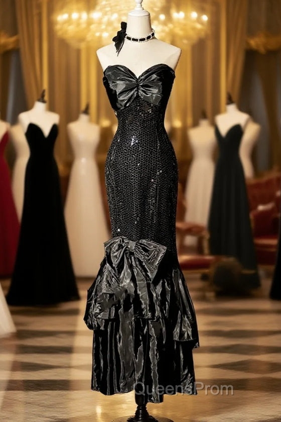 Vintage Mermaid Sweetheart Black Sequin Long Evening Prom Gown Fairy Evening Prom Dress Main image