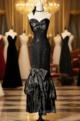 Vintage Mermaid Sweetheart Black Sequin Long Evening Prom Gown Fairy Evening Prom Dress