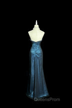 Vintage Mermaid Sweetheart Sleeveless Long Blue Slit Evening Prom Gown Fairy Evening Prom Dress