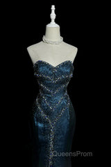 Vintage Mermaid Sweetheart Sleeveless Long Blue Slit Evening Prom Gown Fairy Evening Prom Dress