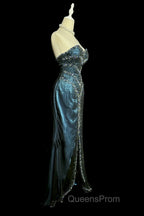 Vintage Mermaid Sweetheart Sleeveless Long Blue Slit Evening Prom Gown Fairy Evening Prom Dress