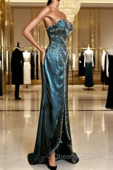 Vintage Mermaid Sweetheart Sleeveless Long Blue Slit Evening Prom Gown Fairy Evening Prom Dress