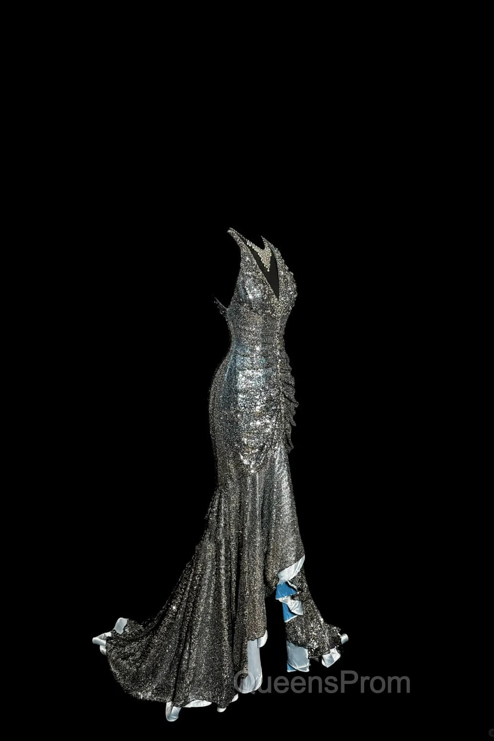 Vintage Mermaid V Neckline Gray Sequin Long Evening Prom Gown Fairy Evening Prom Dress