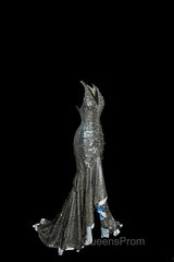 Vintage Mermaid V Neckline Gray Sequin Long Evening Prom Gown Fairy Evening Prom Dress