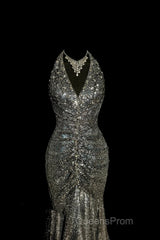 Vintage Mermaid V Neckline Gray Sequin Long Evening Prom Gown Fairy Evening Prom Dress