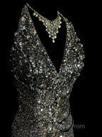 Vintage Mermaid V Neckline Gray Sequin Long Evening Prom Gown Fairy Evening Prom Dress