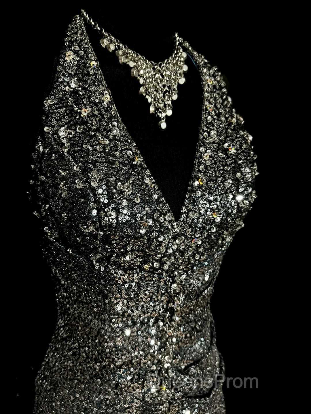 Vintage Mermaid V Neckline Gray Sequin Long Evening Prom Gown Fairy Evening Prom Dress
