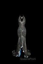 Vintage Mermaid V Neckline Gray Sequin Long Evening Prom Gown Fairy Evening Prom Dress