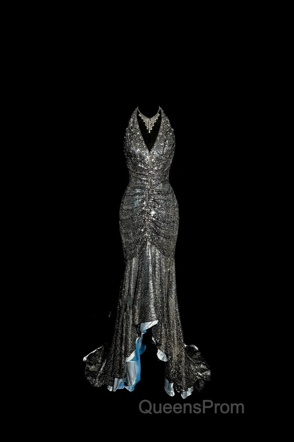 Vintage Mermaid V Neckline Gray Sequin Long Evening Prom Gown Fairy Evening Prom Dress