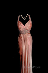 Vintage Mermaid V Neckline Pink Backless Long Evening Prom Gown Fairy Evening Prom Dress