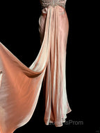 Vintage Mermaid V Neckline Pink Backless Long Evening Prom Gown Fairy Evening Prom Dress