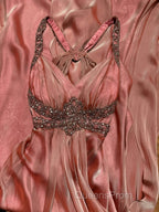 Vintage Mermaid V Neckline Pink Backless Long Evening Prom Gown Fairy Evening Prom Dress
