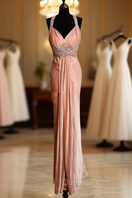 Vintage Mermaid V Neckline Pink Backless Long Evening Prom Gown Fairy Evening Prom Dress
