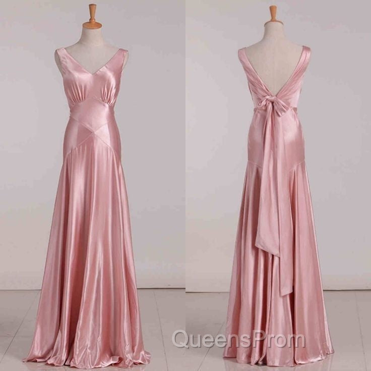 Vintage Mermaid V Neckline Pink Satin Long Evening Prom Dress Party Evening Dress
