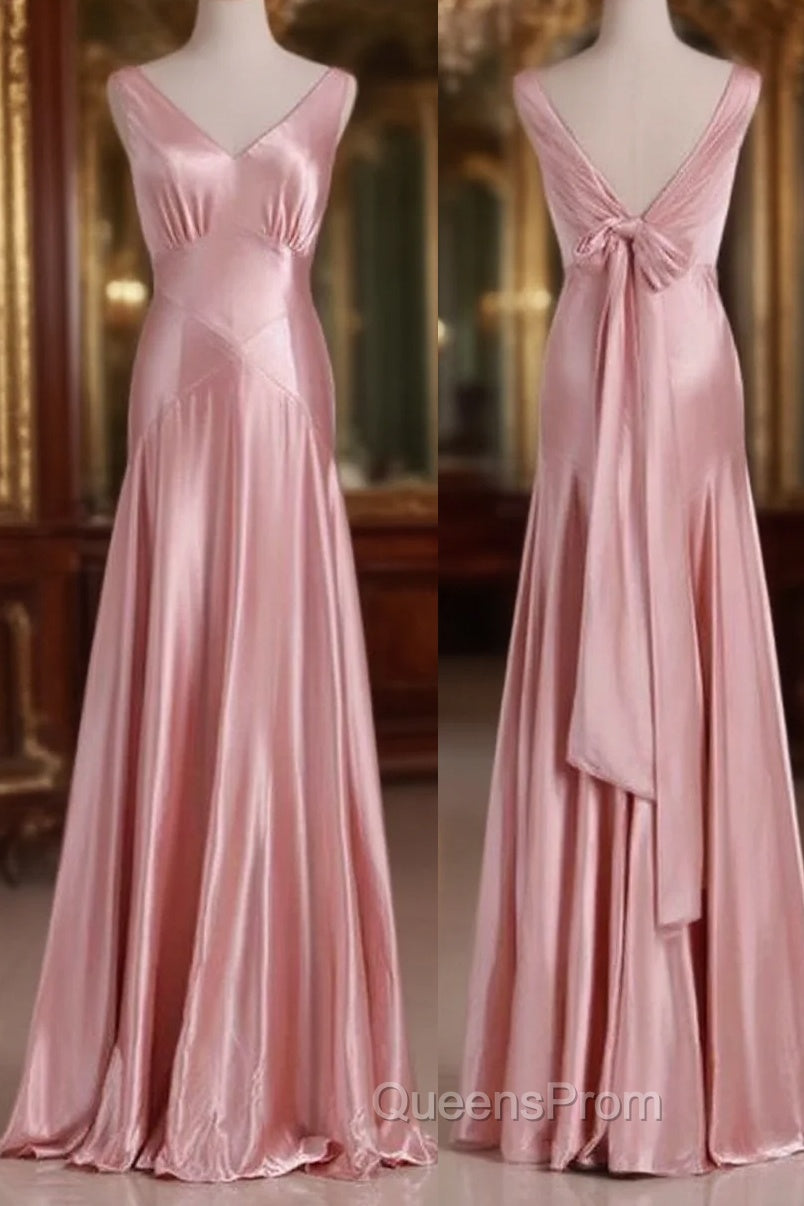 Vintage Mermaid V Neckline Pink Satin Long Evening Prom Dress Party Evening Dress Main image