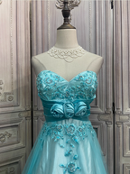 Vintage Mint Ice Blue A-Line Strapless 3D Floral Embroidery Satin Tulle Long Classy Prom Dress