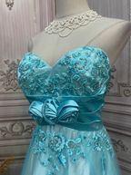 Vintage Mint Ice Blue A-Line Strapless 3D Floral Embroidery Satin Tulle Long Classy Prom Dress