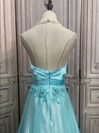 Vintage Mint Ice Blue A-Line Strapless 3D Floral Embroidery Satin Tulle Long Classy Prom Dress