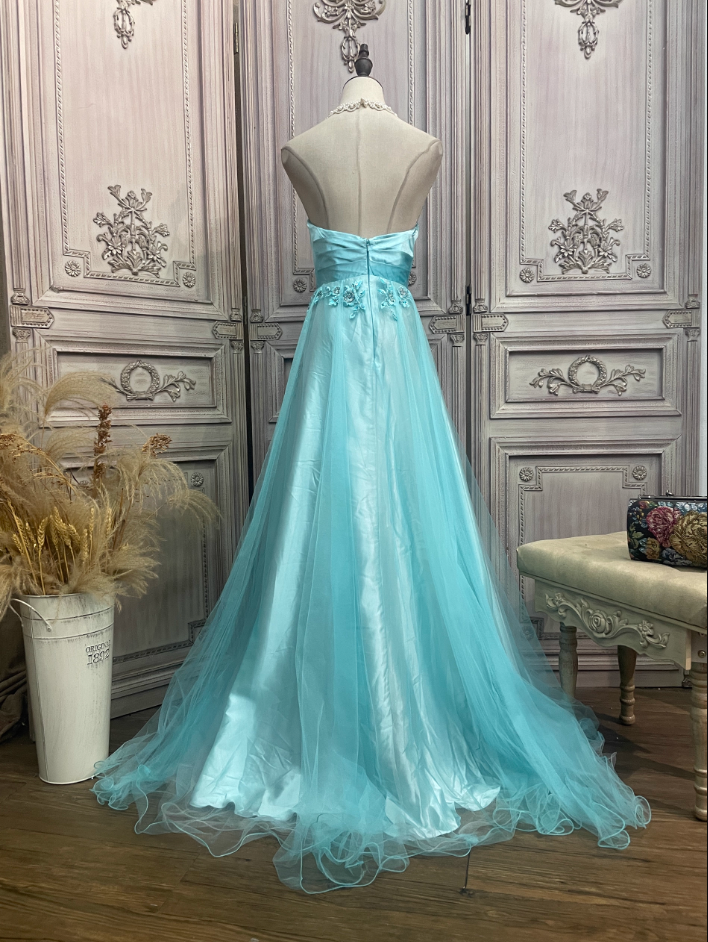Vintage Mint Ice Blue A-Line Strapless 3D Floral Embroidery Satin Tulle Long Classy Prom Dress