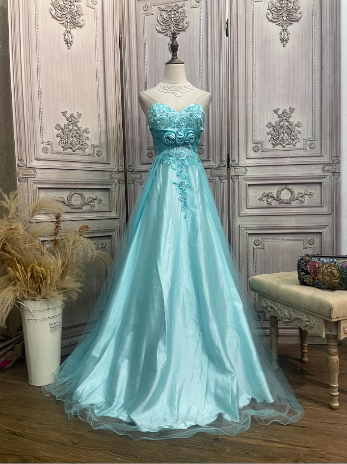 Vintage Mint Ice Blue A-Line Strapless 3D Floral Embroidery Satin Tulle Long Classy Prom Dress Main image