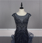 Vintage Navy Blue Mermaid Crew Neck Beaded Tulle Train Classy Prom Dress