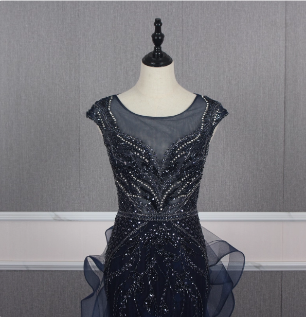 Vintage Navy Blue Mermaid Crew Neck Beaded Tulle Train Classy Prom Dress