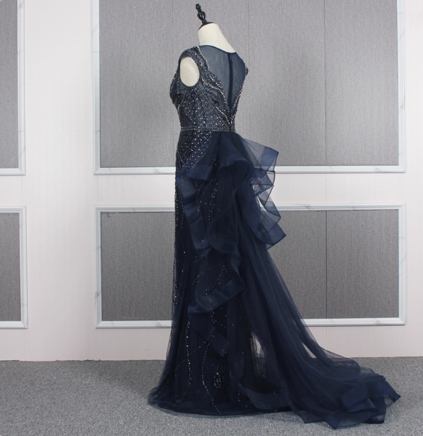 Vintage Navy Blue Mermaid Crew Neck Beaded Tulle Train Classy Prom Dress