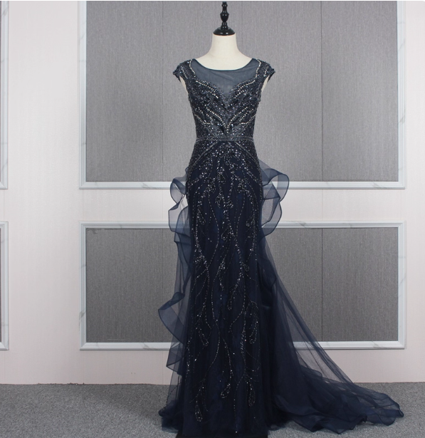 Vintage Navy Blue Mermaid Crew Neck Beaded Tulle Train Classy Prom Dress