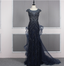 Vintage Navy Blue Mermaid Crew Neck Beaded Tulle Train Classy Prom Dress
