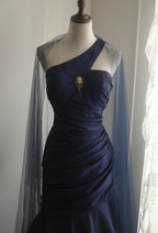 Vintage Navy Blue Mermaid One-Shoulder Satin Long Classy Prom Dress
