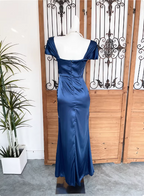 Vintage Navy Blue Mermaid Puff Sleeve Satin Long Classy Prom Dress