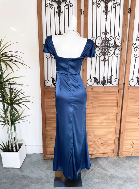 Vintage Navy Blue Mermaid Puff Sleeve Satin Long Classy Prom Dress