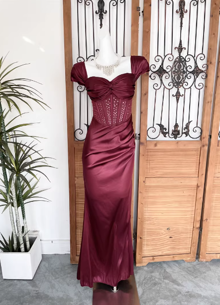 Vintage Navy Blue Mermaid Puff Sleeve Satin Long Classy Prom Dress