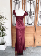 Vintage Navy Blue Mermaid Puff Sleeve Satin Long Classy Prom Dress