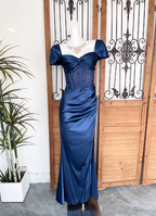 Vintage Navy Blue Mermaid Puff Sleeve Satin Long Classy Prom Dress